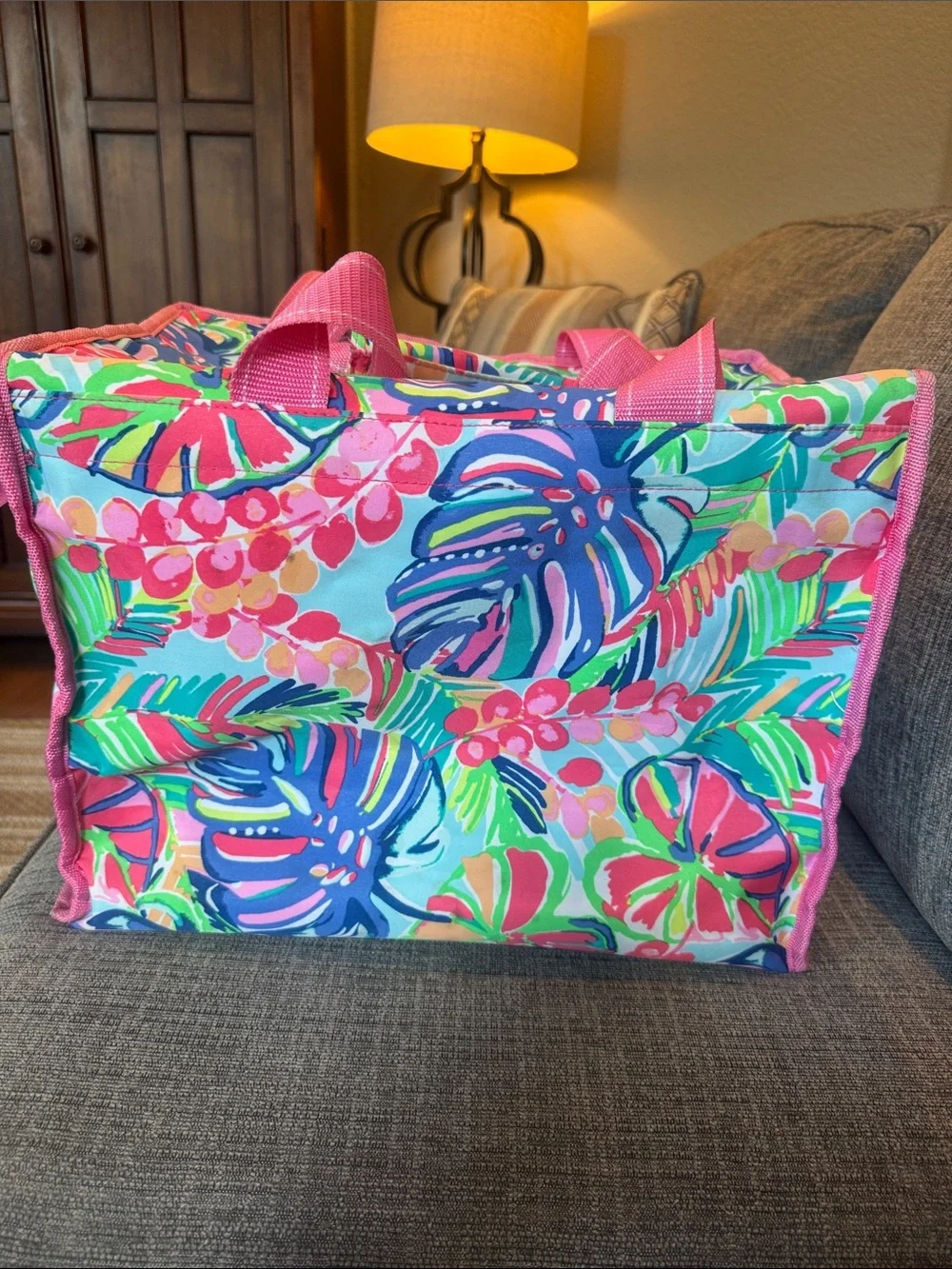 Lilly Pulitzer Bright Floral Canvas Tote with Pink Handles